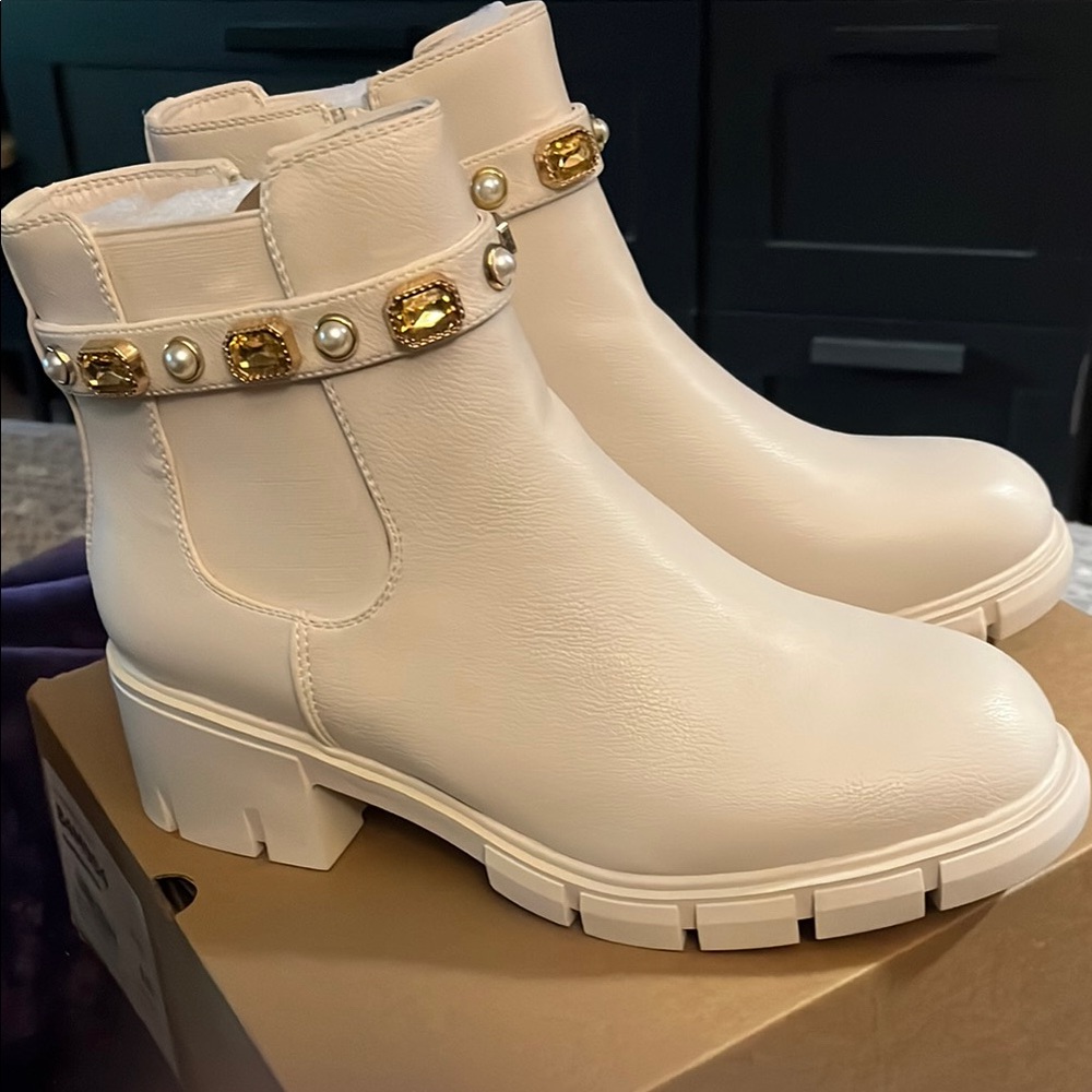 Elegant Cream Ankle Boots with Embellished Strap